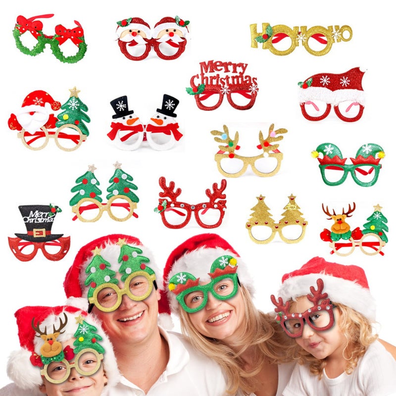 Christmas Decorations 14-Piece Colorful Lightweight Glasses Set with Santa Hats Snowmen Elk Horns - Easy Assembly for Christmas Parties Indoor Outdoor Adults Kids - Image 1
