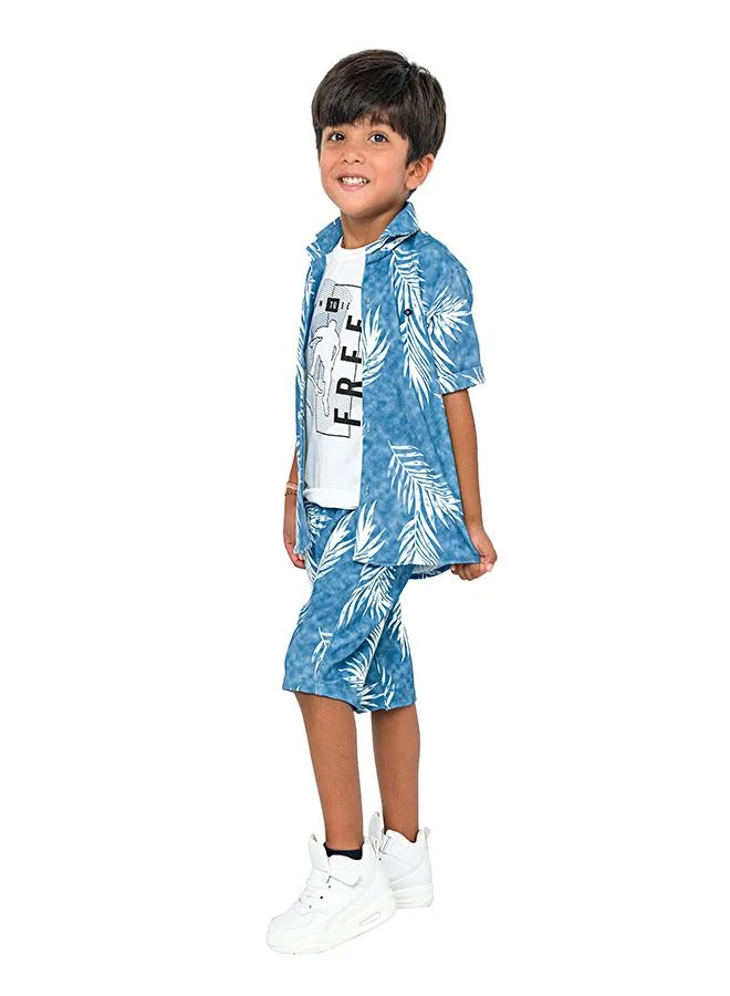 بيبي كلو Blue palm print three-piece set for boys - shirt, t-shirt, shorts