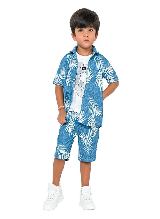 بيبي كلو Blue palm print three-piece set for boys - shirt, t-shirt, shorts