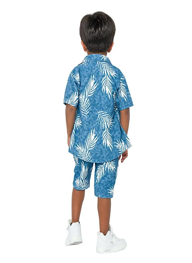 babyqlo Blue palm print three-piece set for boys - shirt, t-shirt, shorts