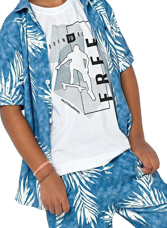 بيبي كلو Blue palm print three-piece set for boys - shirt, t-shirt, shorts