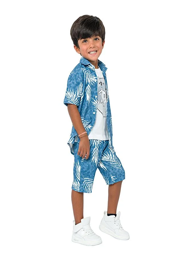 بيبي كلو Blue palm print three-piece set for boys - shirt, t-shirt, shorts