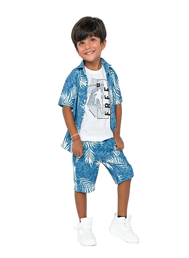 بيبي كلو Blue palm print three-piece set for boys - shirt, t-shirt, shorts