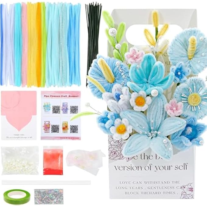 DIY PIPE CLEANER FLOWER BOUQUET KIT - HANDMADE SUNFLOWER, ROSE CRAFT GIFT FOR FRIENDS, HOME DECORATION, ALL-IN-ONE DIY CRAFT SET WITH 102PCS PIPE CLEANERS, STEMS, GLITTER, AND MORE - Image 3