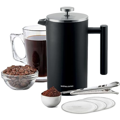 Andrew James Double Walled Stainless Steel Cafetiere Gift Set with 3 Mesh Filters Coffee Measuring Spoon and Bag Sealing Clip Delicious French Press Coffee Easy to Clean 350ml Black