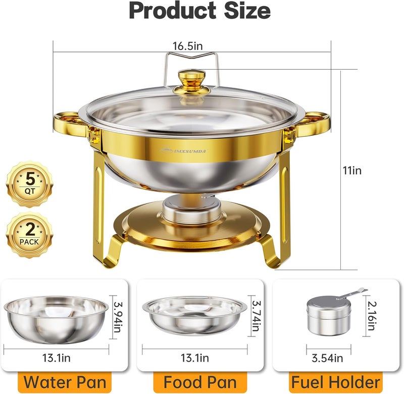 IMXSUMDA Chafing Dishes for Buffet Set 2 Pack, 5QT Round Dish Buffet Servers and Warmers with Glass Lid High Grade Stainless Steel Food Warmers for Parties, Christmas Gatherings, Weddings, Catering, Gold - Image 2