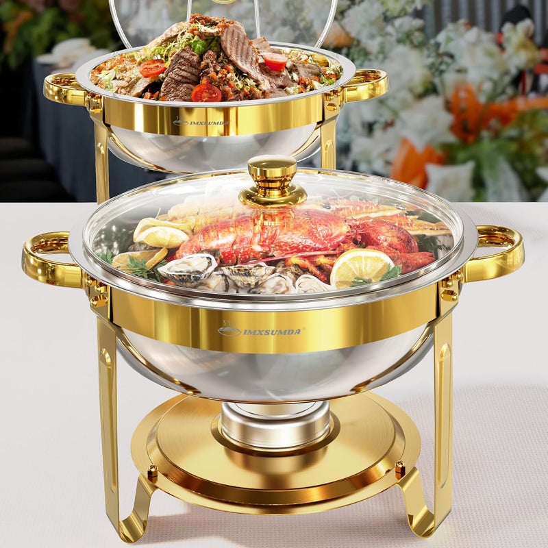 IMXSUMDA Chafing Dishes for Buffet Set 2 Pack, 5QT Round Dish Buffet Servers and Warmers with Glass Lid High Grade Stainless Steel Food Warmers for Parties, Christmas Gatherings, Weddings, Catering, Gold - Image 1