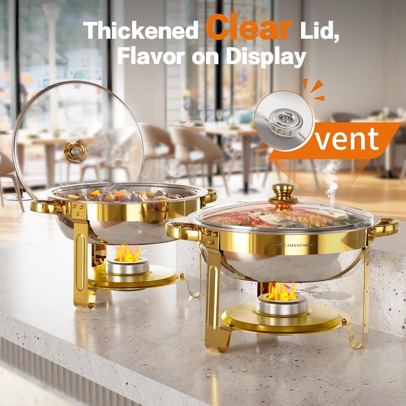 IMXSUMDA Chafing Dishes for Buffet Set 2 Pack, 5QT Round Dish Buffet Servers and Warmers with Glass Lid High Grade Stainless Steel Food Warmers for Parties, Christmas Gatherings, Weddings, Catering, Gold - Image 4