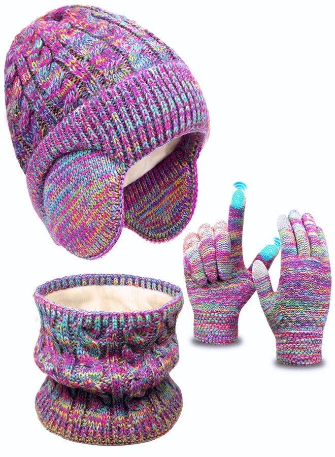 EAONE Kids Winter Hat Gloves Scarf Set,Toddler Girls Boys Beanie Hat with Earflaps,Knit Mittens & Neck Gaiter Warmer for Kids 4-12 - Image 1