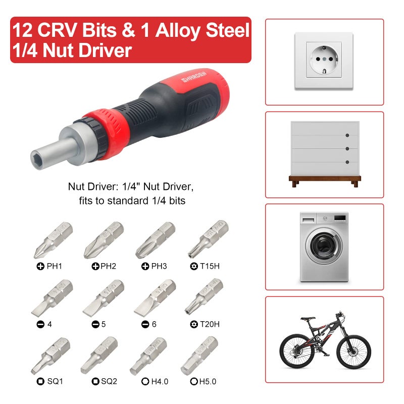 SHARDEN Ratchet Screwdriver 13-in-1 Ratcheting Screwdriver Set Multi Screwdriver Tool All in One with Torx Security, Flat Head, Phillips, Hex, Square and 1/4 Nut Driver - Image 2