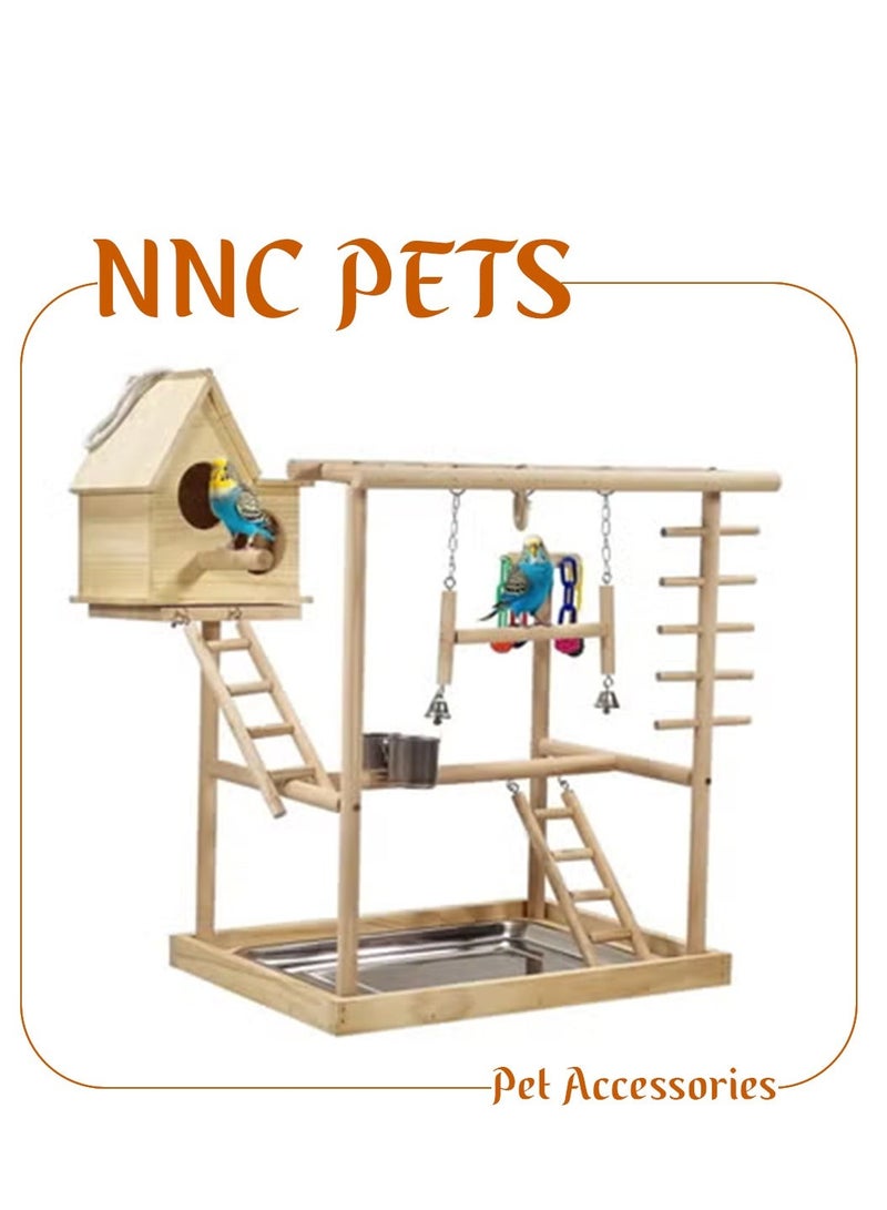 NNC PETS Bird play stand for small to medium-sized birds, Natural wooden bird stand with Bird nest, Climbing ladders, Swinging perch, Colorful toys, feeding bowls, and Removable tray 63 cm (Beige) - Image 1
