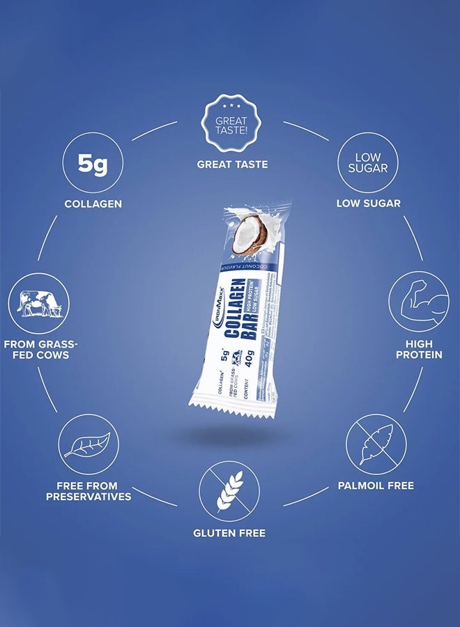 IronMaxx Collagen Bar 12x40g | Coconut Flavour, Grass-Fed Collagen, Low Sugar, High Protein - Image 3