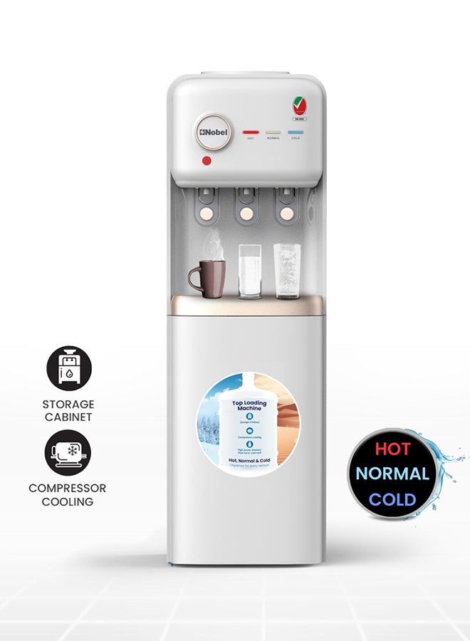 Nobel Freestanding 3 Taps Water Dispenser With Hot, Normal & Cold Taps, Compressor Cooling, Storage Cabinet NWD1608 White - Image 1