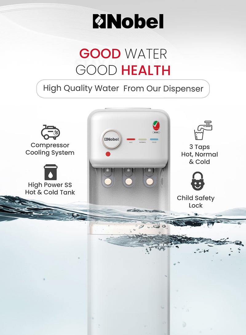 Nobel Freestanding 3 Taps Water Dispenser With Hot, Normal & Cold Taps, Compressor Cooling, Storage Cabinet NWD1608 White - Image 4