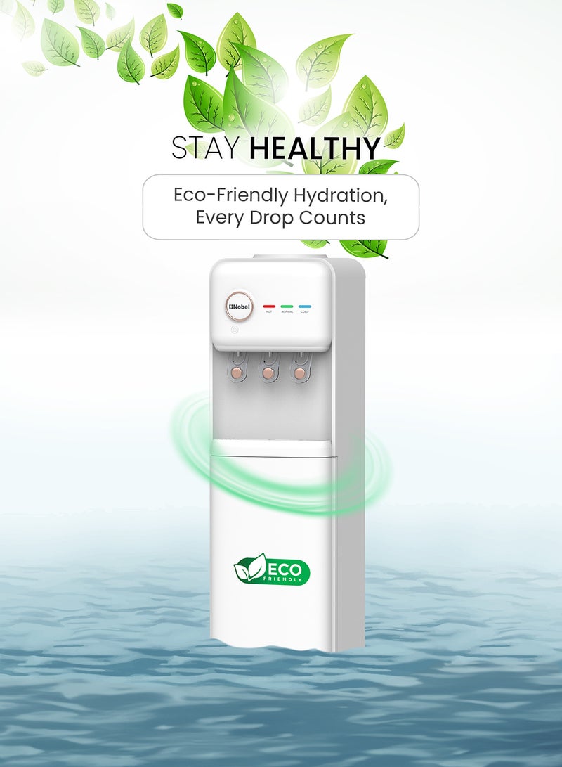 Nobel Freestanding 3 Taps Water Dispenser With Hot, Normal & Cold Taps, Compressor Cooling, Storage Cabinet NWD1608 White - Image 5