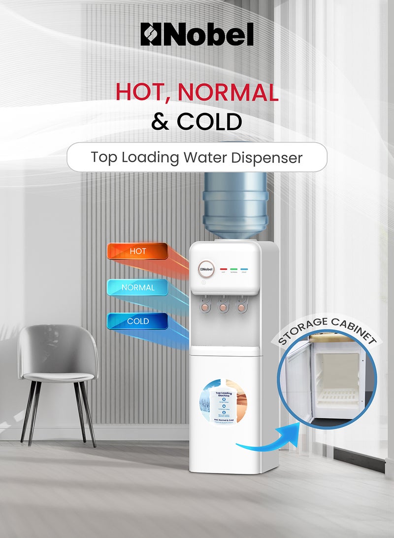 Nobel Freestanding 3 Taps Water Dispenser With Hot, Normal & Cold Taps, Compressor Cooling, Storage Cabinet NWD1608 White - Image 2