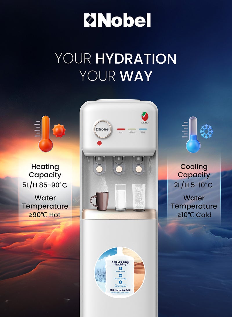 Nobel Freestanding 3 Taps Water Dispenser With Hot, Normal & Cold Taps, Compressor Cooling, Storage Cabinet NWD1608 White - Image 3