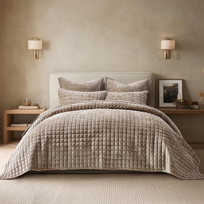 RECYCO Luxury Velvet Quilt King Size Bedding Set, Ultra Soft Velvet Comforter Set, Lightweight Quilted Channel Box Stitch Oversized Bedspread Coverlet for All Season, with 2 Shams, Natural Tan - Image 1