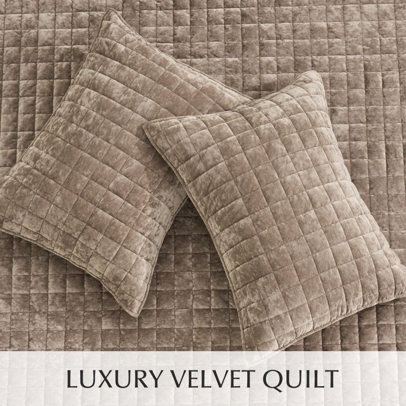 RECYCO Luxury Velvet Quilt King Size Bedding Set, Ultra Soft Velvet Comforter Set, Lightweight Quilted Channel Box Stitch Oversized Bedspread Coverlet for All Season, with 2 Shams, Natural Tan - Image 4