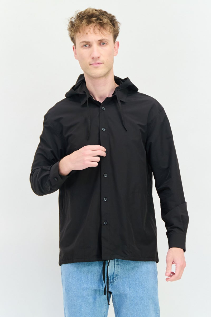 SELECTED Men Solid Hooded Jacket Shirt, Black  - Image 1
