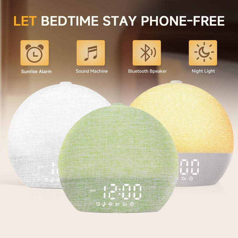 Geuuap Sunrise Alarm Clock White Noise Sound Machine for Bedroom | Natural Wake-Up Light with 30 Soothing Sleep Aids, Bluetooth Speaker, Dimmable Clock, Screen-Free Design for Baby Adults Kids-Green - Image 2