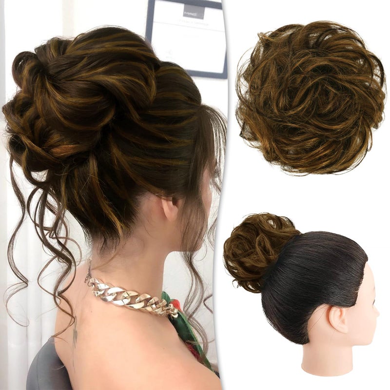 RUWISS Messy Bun Hair Piece Human Hair Messy Rose Bun Hair Buns Hair Piece for Women Real Hair Scrunchies Updo Hair Pieces Bun Extension Ponytail Messy Hair Bun Dark Brown with Golden Blonde