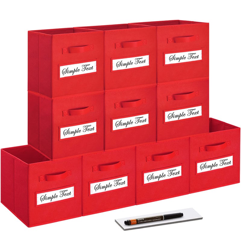 artsdi Set of 10 Storage Cubes Foldable Fabric Cube Storage Bins with 10 Labels Window Cards & a Pen  Baskets Containers for Shelves Closet Organizers Box for Home & Office Red - Image 1