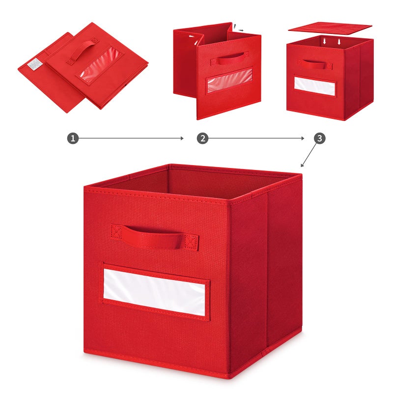 artsdi Set of 10 Storage Cubes Foldable Fabric Cube Storage Bins with 10 Labels Window Cards & a Pen  Baskets Containers for Shelves Closet Organizers Box for Home & Office Red - Image 4