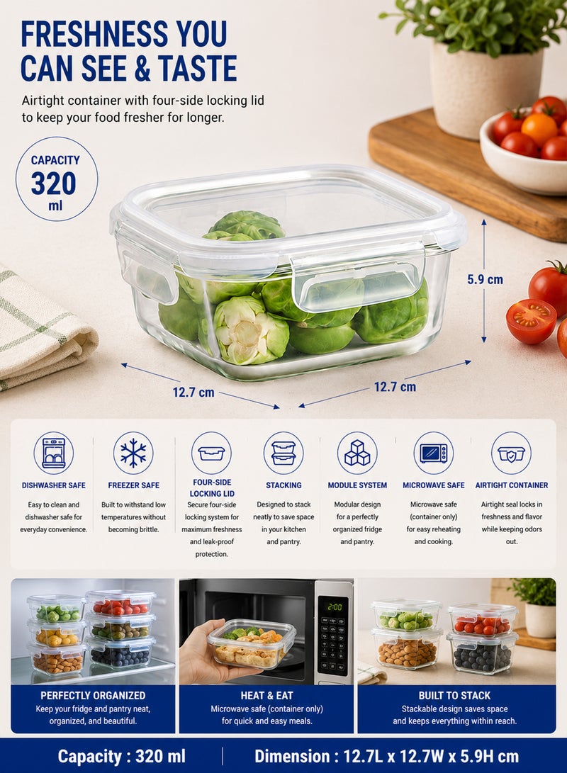 LocknLock Stackable Tempered Glass Square Food Container 320ml , Airtight with 4-Side Locking Lid, Microwave, Freezer & Dishwasher Safe, Stackable Glass Storage for Meal Prep & Leftovers - Image 2