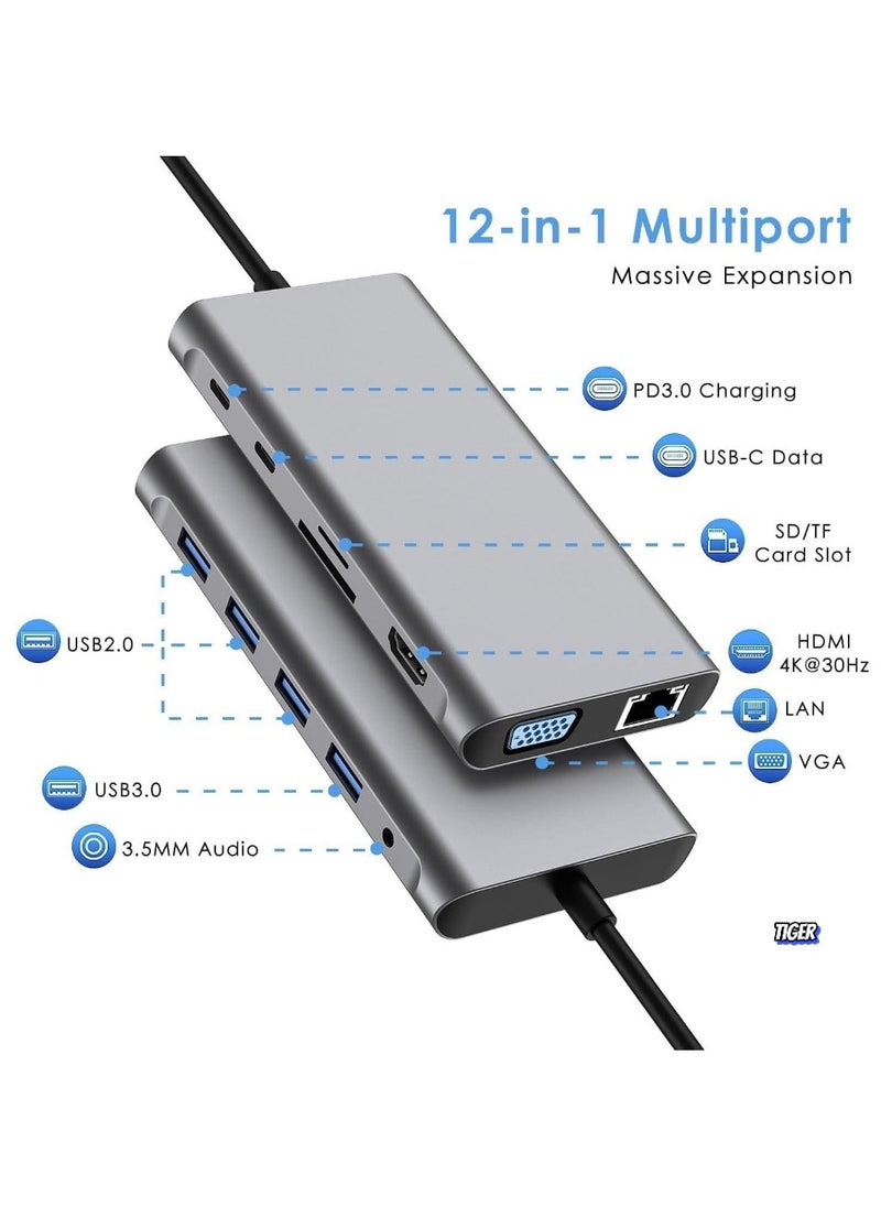 TIGER - 12-in-1 USB C Hub Docking Station with 4K HDMI, VGA, USB 3.0, Ethernet, SD/TF Card Reader, and More – Multiport Adapter for MacBook Pro, MacBook Air & Type-C Devices – Expand Connectivity, Power Delivery, High-Speed Data Transfer, and Versatile Functionality - Image 1