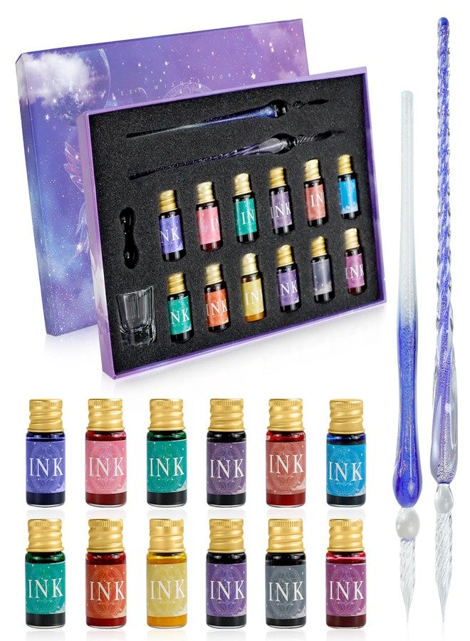 PDCTACST Glass Dip Pen Ink Set, 16pcs Fountain Calligraphy Pens Set, 2 Crystal Signature Glass Pen, 12 Gold Powder Drawing Ink Drip Tool for Art Writing Signatures Beginners Valentines Day Gift - Image 1
