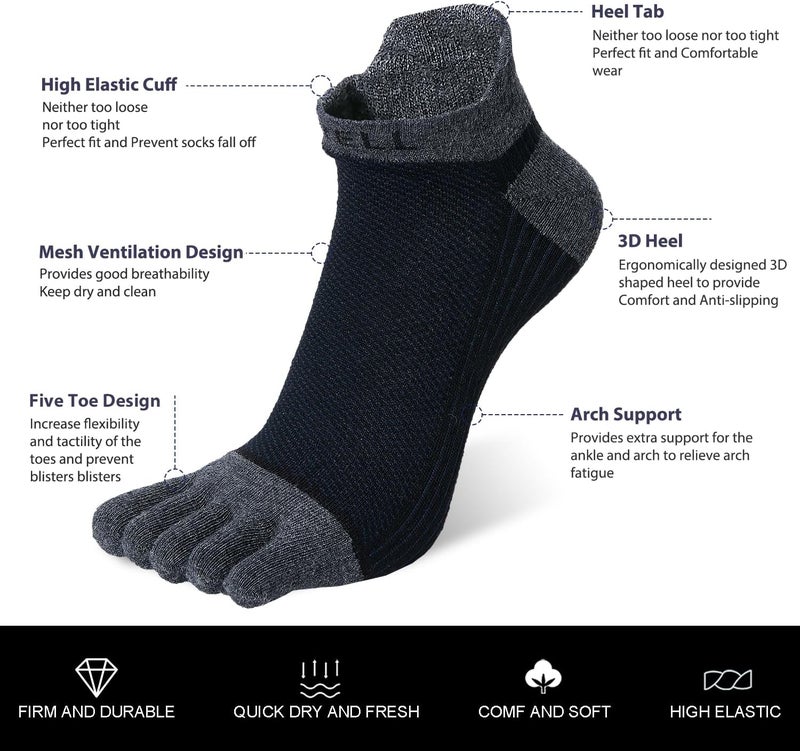 VWELL Store Cotton Toe Socks Five Finger Socks No Show Crew Athletic Running Socks 4 Pairs,Size 7-11 - Image 3