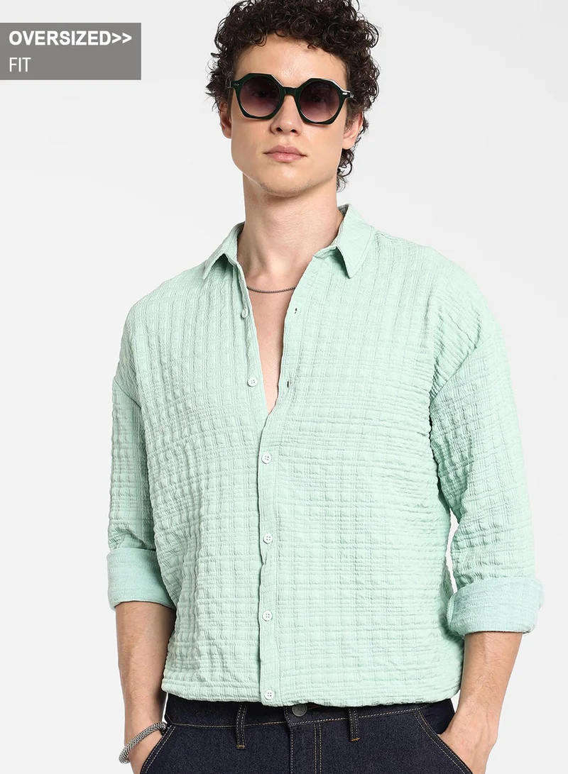 Campus Sutra Men's Mint Green Box-Textured Oversized Shirt