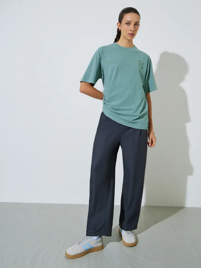 Styli Styli Green Tonal Slogan Embroidered 100% Cotton Washed T-Shirt