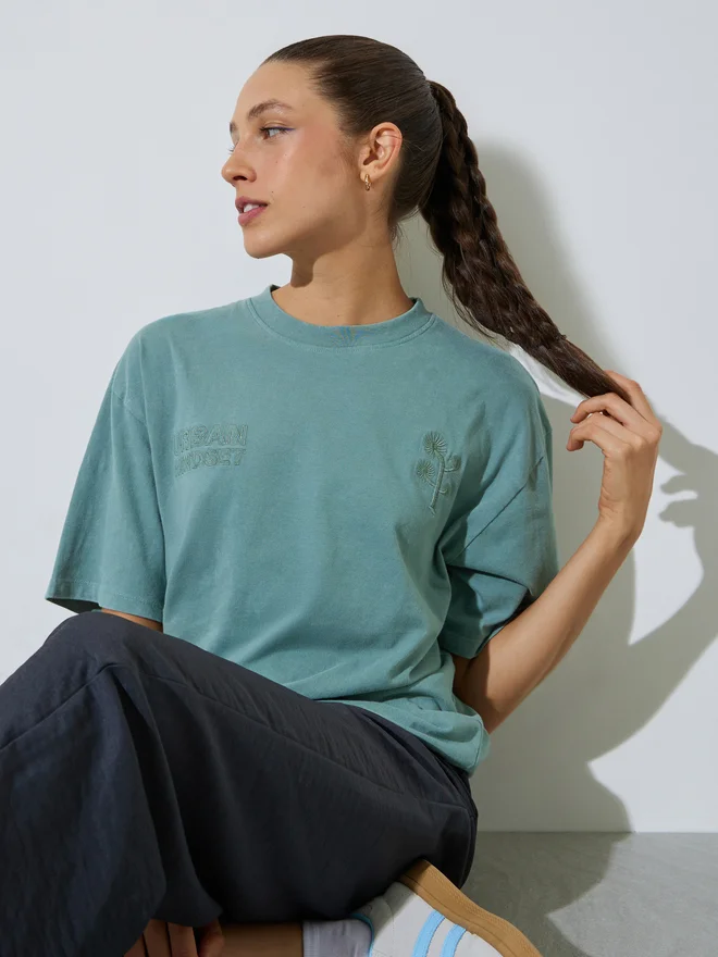 Styli Styli Green Tonal Slogan Embroidered 100% Cotton Washed T-Shirt