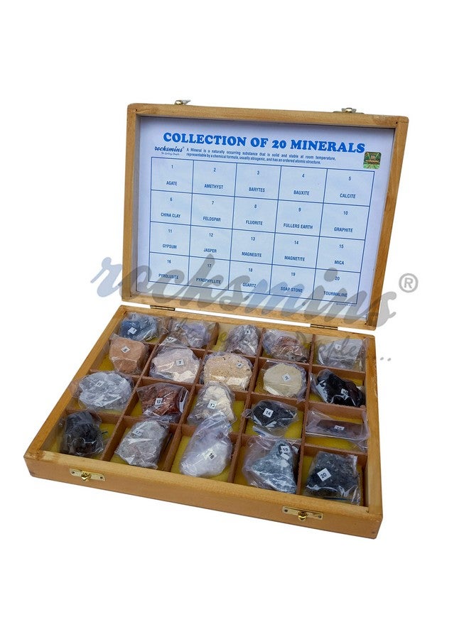 Rocksmins MI20WB Collection of 20 Minerals in Heavy Wooden Box Set of 20 Large Mineral Specimen for Students of School College Education Rocks Geology Science Toy Kits Study Earth Science & Stones - Image 2