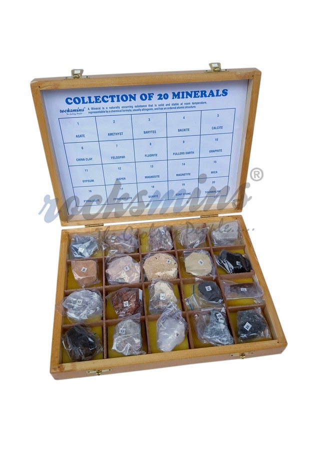 Rocksmins MI20WB Collection of 20 Minerals in Heavy Wooden Box Set of 20 Large Mineral Specimen for Students of School College Education Rocks Geology Science Toy Kits Study Earth Science & Stones - Image 1