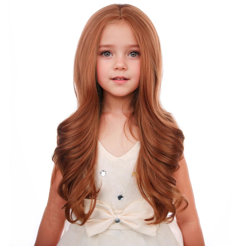Dark Orange Wig Kids Child Wig Long Curly Wavy Wig Ginger Wig Middle Part Girls Wig Auburn Wig Heat Resistant Synthetic Hair Wig with Wig Cap