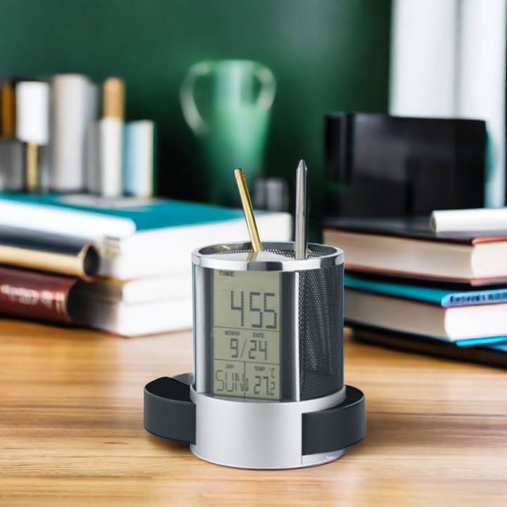 LCD Screen Alarm Clock Desktop Calendar with Pen Holder Clock Penholder Table Clock with Pen Stand Desk Organizer with 2 Compartment