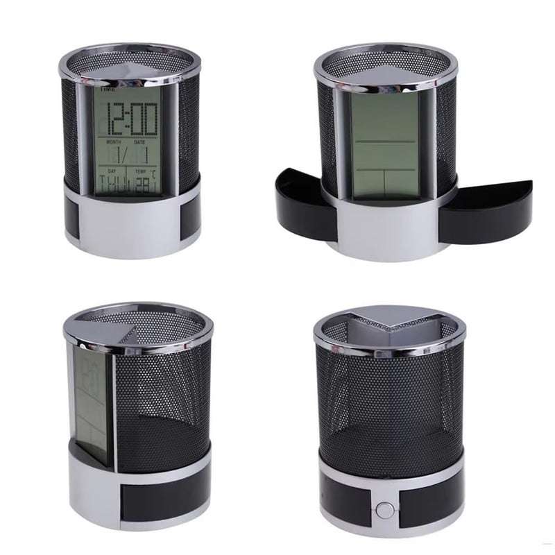 LCD Screen Alarm Clock Desktop Calendar with Pen Holder Clock Penholder Table Clock with Pen Stand Desk Organizer with 2 Compartment