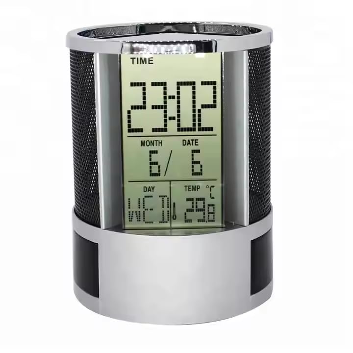 LCD Screen Alarm Clock Desktop Calendar with Pen Holder Clock Penholder Table Clock with Pen Stand Desk Organizer with 2 Compartment