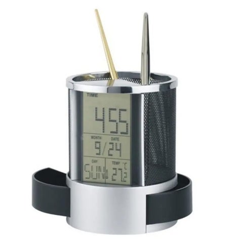 LCD Screen Alarm Clock Desktop Calendar with Pen Holder Clock Penholder Table Clock with Pen Stand Desk Organizer with 2 Compartment