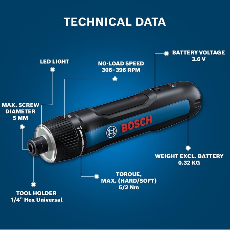 BOSCH GO 3.0 Professional Screwdriver Kit | 9-Piece Screwdriver Bit Set| 2.0Ah Battery | Speed 360 RPM | Torque 5/2 Nm | Push Start and Smart Stop | ¼" HEX Universal Bit Holder| 1 Yr Warranty - Image 4