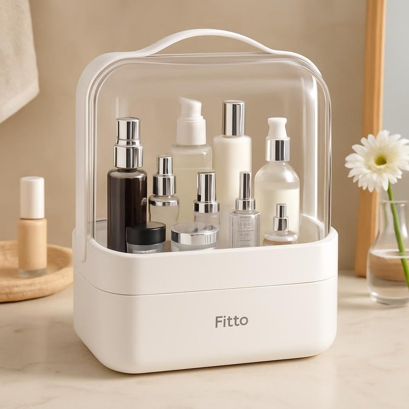 Fitto Makeup Organizer Box, Dust Water Proof Cosmetic Storage with Cover and Handle, 25x24x18cm, White - Image 2