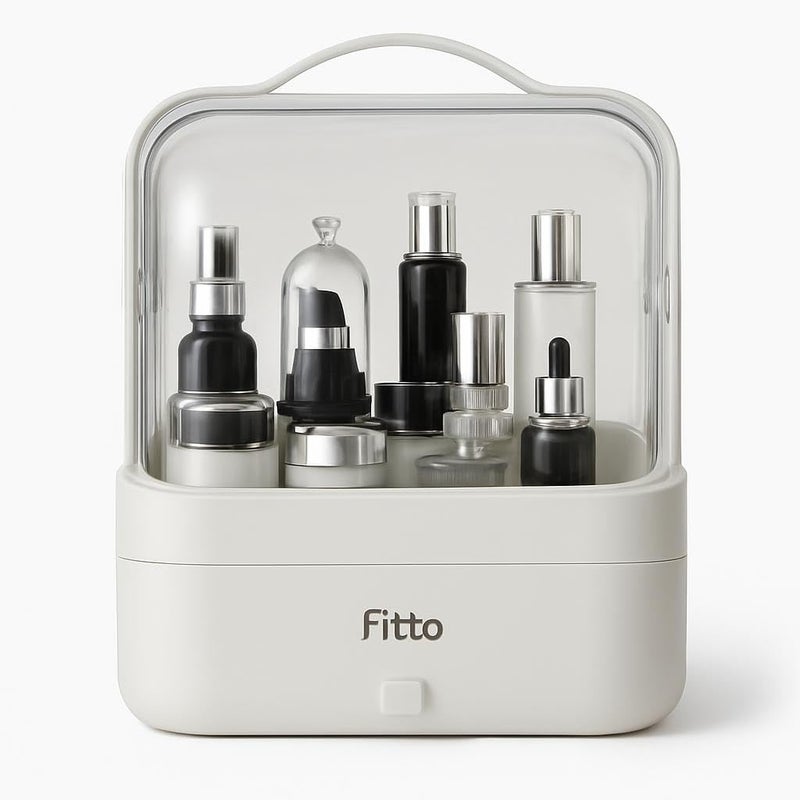 Fitto Makeup Organizer Box, Dust Water Proof Cosmetic Storage with Cover and Handle, 25x24x18cm, White - Image 1