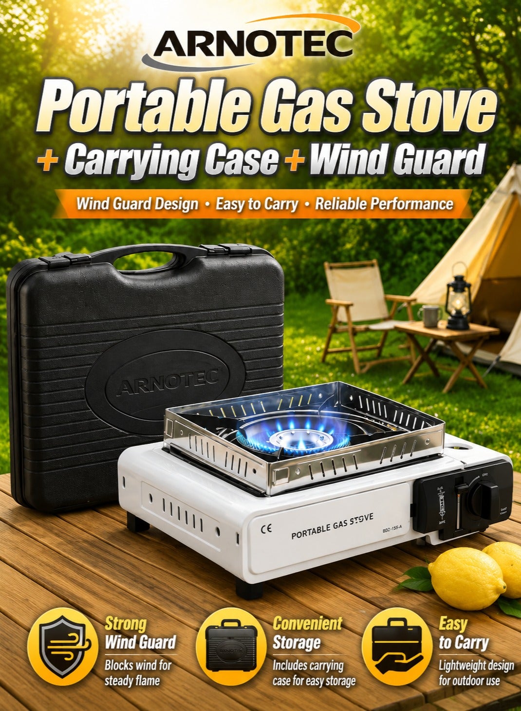 Portable Camping Gas Stove 2900W with Wind Guard & Carrying Case – Adjustable Flame Outdoor Cooker for Camping, Hiking, BBQ & Emergency Use