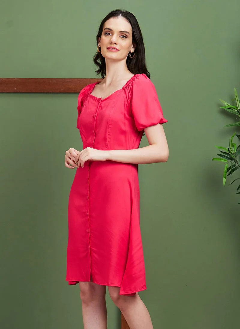 globus Globus Women Pink Puff Sleeves A-Line Dress