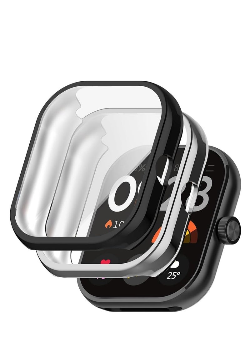 KASTWAVE Case for Xiaomi Redmi Watch 4, Tempered Glass Screen Protector, PC Hard Case Tempered Glass Screen Protection Cover Slim Full Cover Scratch Proof Protector, 2 Pcs, Black and Silver - Image 1