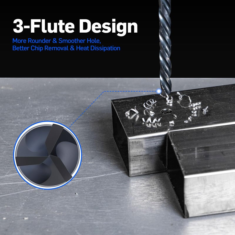 Bestwork 3-Flute Cobalt Drill Bit Set, M35 Metal Drill Bits for Metal and Steel, Oxynitride Coated, 3-Flats Shank, 135 Degree Split Point, for Hardened Steel, Stainless Steel, 17-Piece, 1/16"-3/8" - Image 2