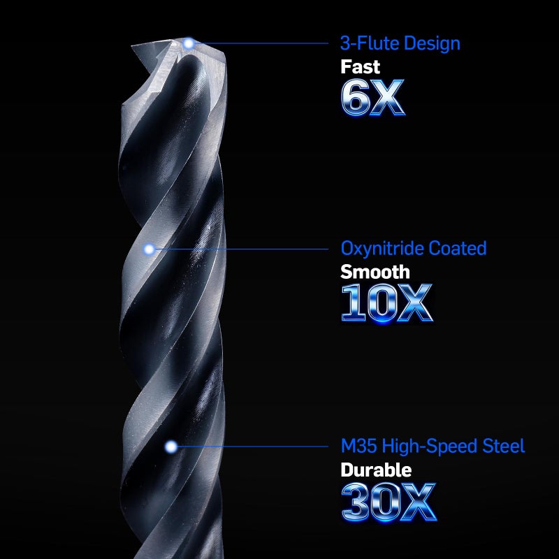 Bestwork 3-Flute Cobalt Drill Bit Set, M35 Metal Drill Bits for Metal and Steel, Oxynitride Coated, 3-Flats Shank, 135 Degree Split Point, for Hardened Steel, Stainless Steel, 17-Piece, 1/16"-3/8" - Image 3